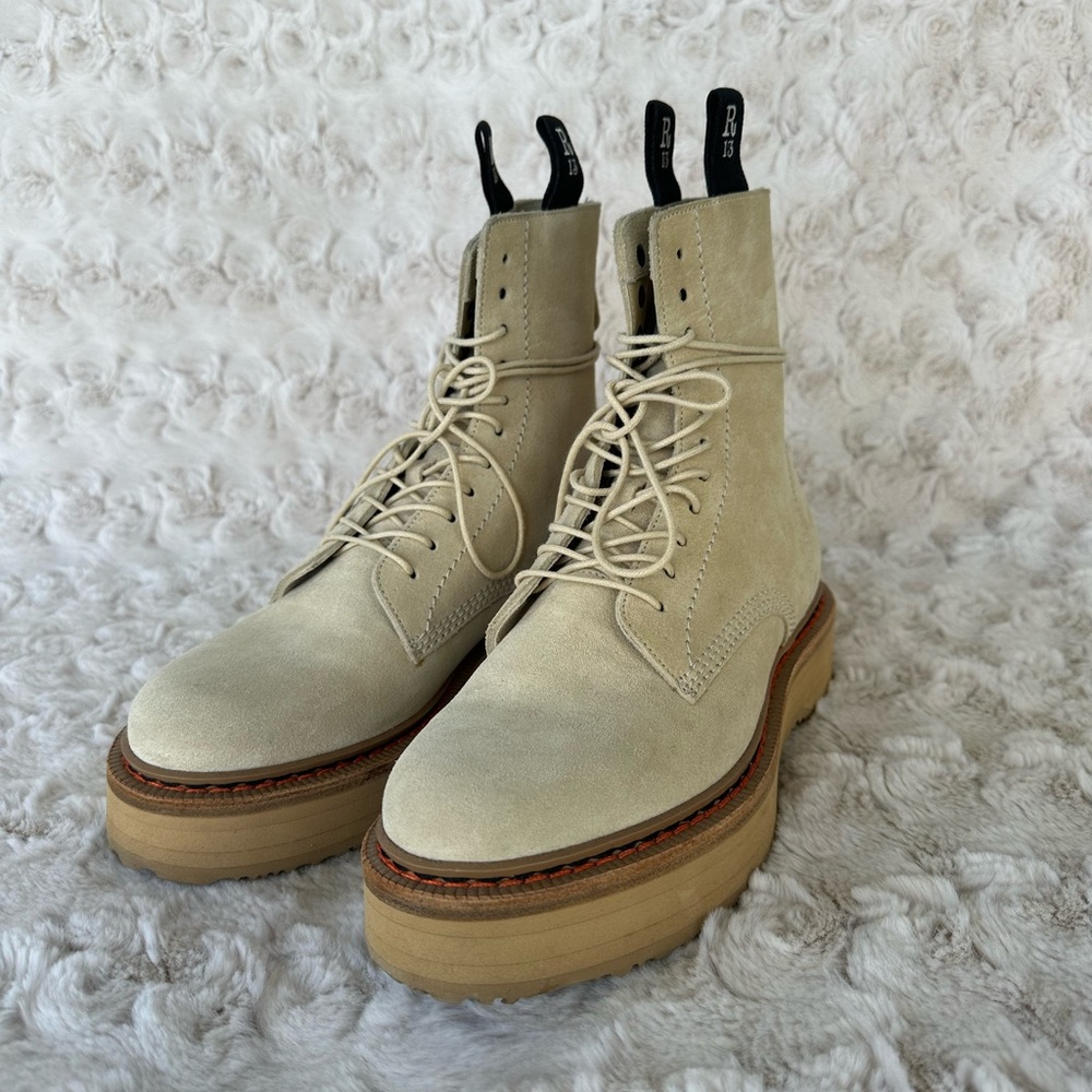 R13 Single Stack Cream Suede Lace-Up Boots